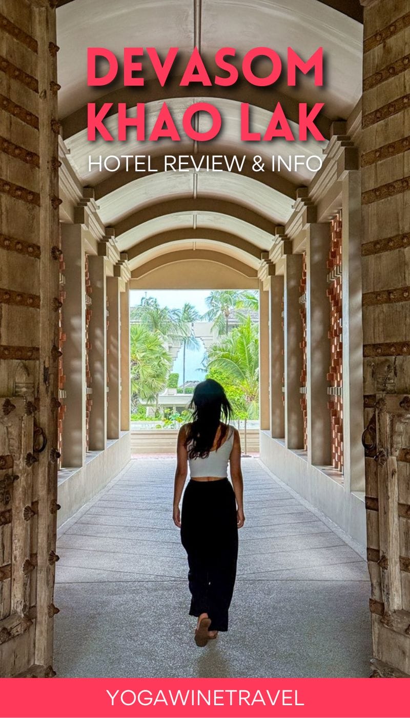 Woman walking through doors at Devasom Khao Lak in Thailand with text overlay
