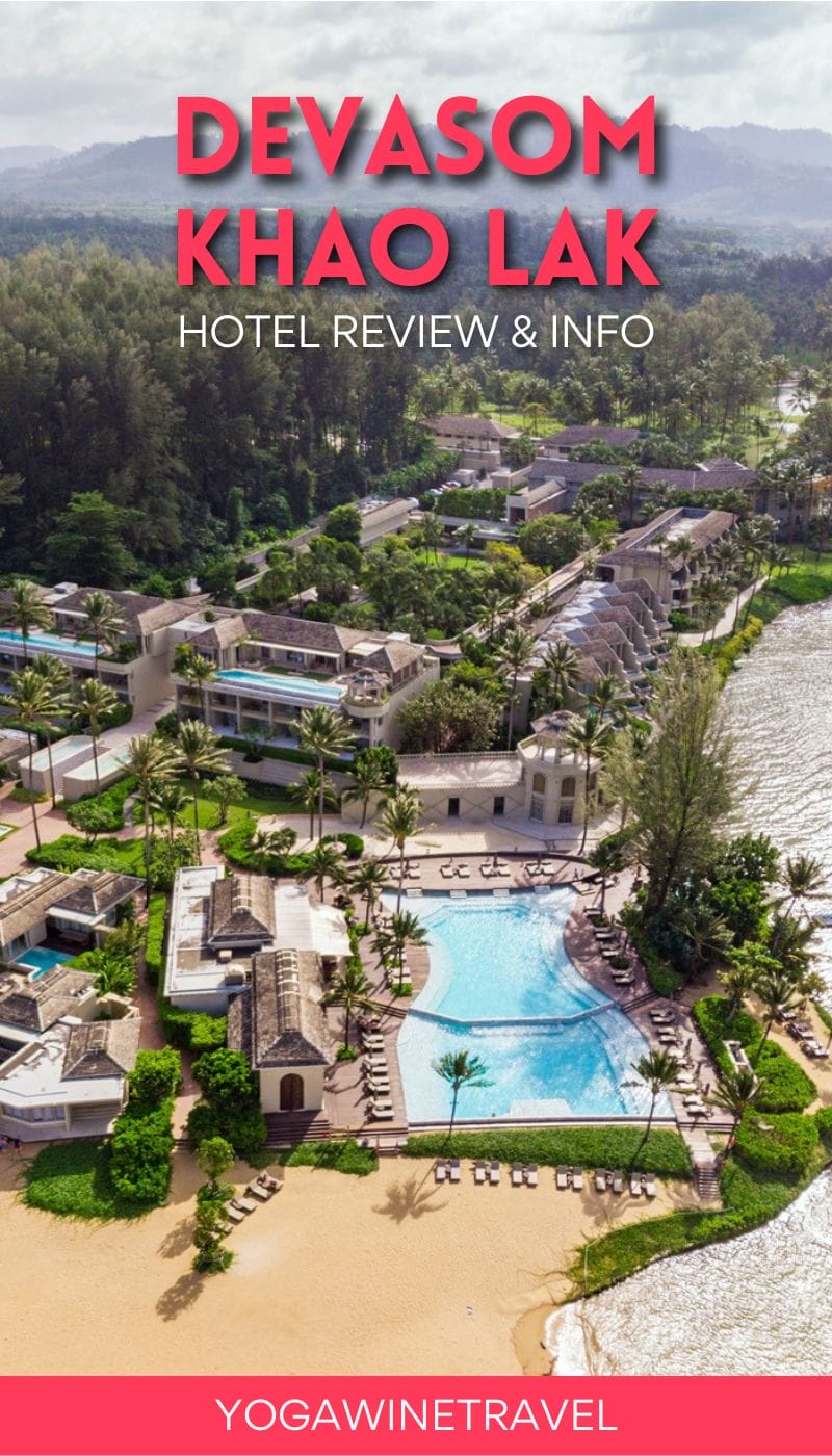 Drone photo of pool and resort grounds at Devasom Khao Lak in Thailand with text overlay