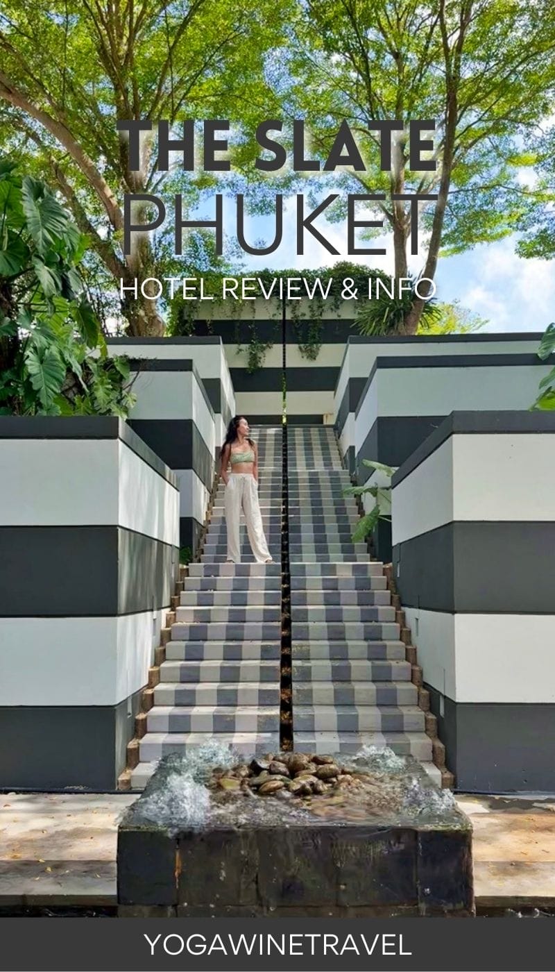Woman standing on platform stairs at The Slate Phuket in Thailand with text overlay