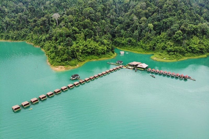 Drone photo of floating bungalow in Khao Sok National Park in Thailand