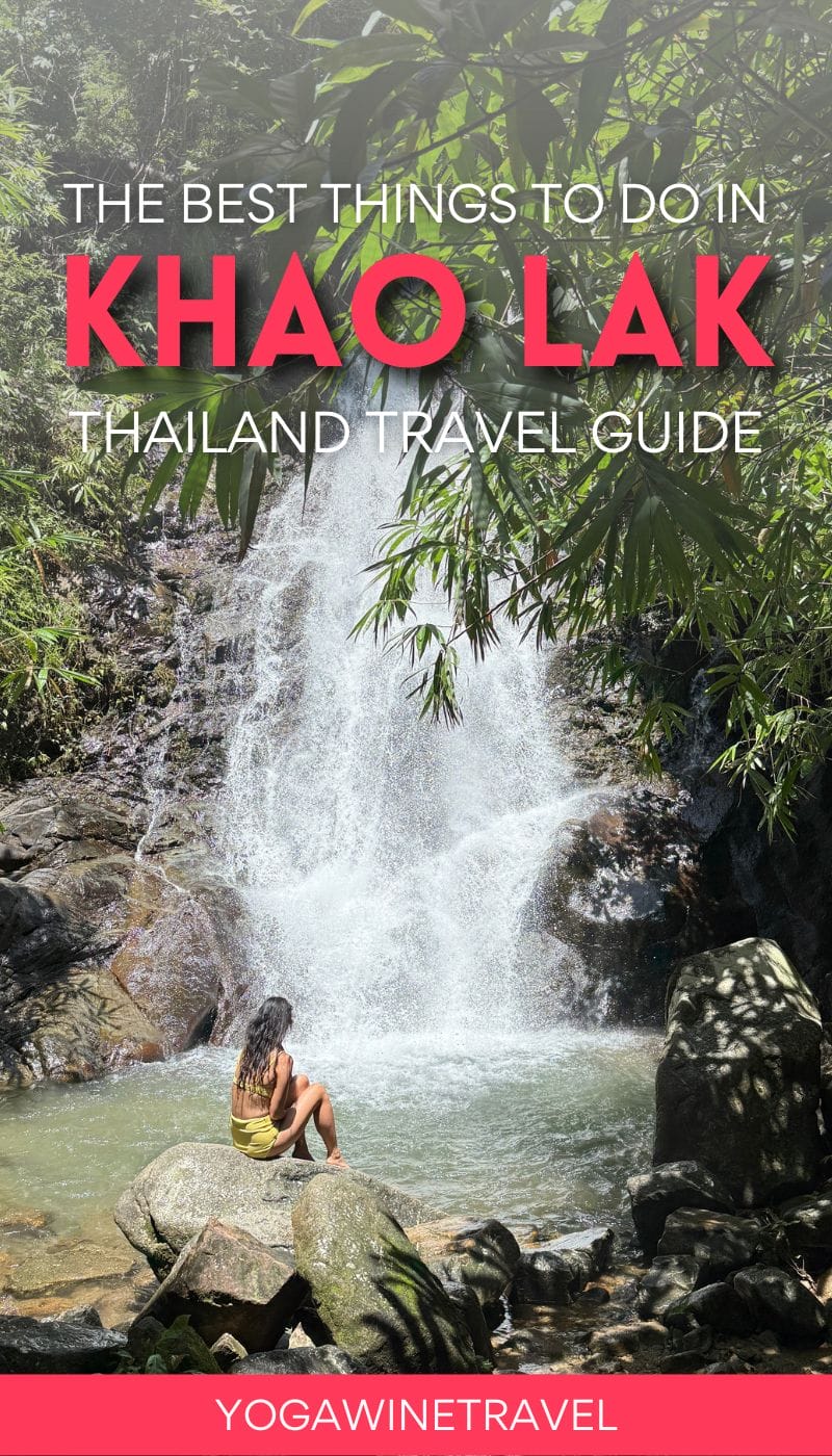 Woman sitting on a rock in front of a waterfall in Khao Lak in Thailand with text overlay