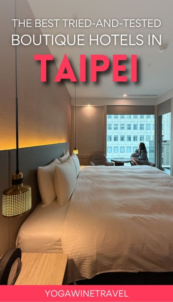 Woman sitting in hotel room in Taipei Taiwan with text overlay