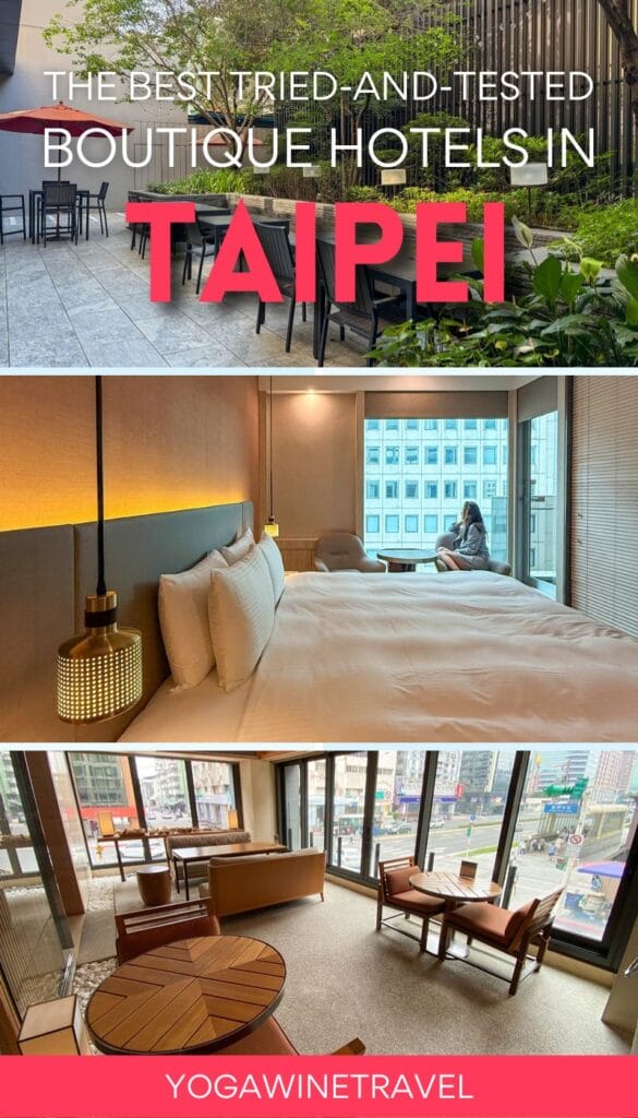 Photo collage of hotel rooms in Taipei Taiwan with text overlay