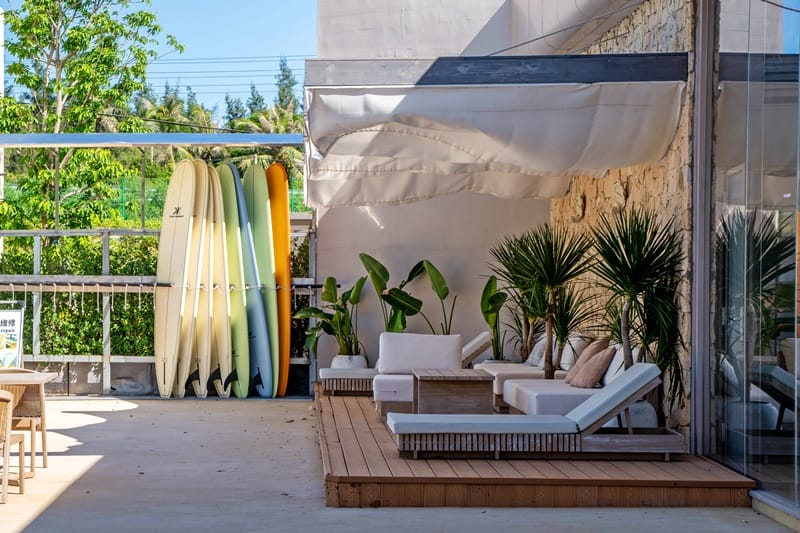 Daybeds at Inga Beach Club at Riyue Bay Surf Resort in Hainan China