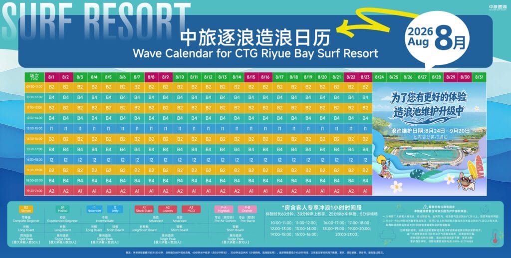 Riyue Bay Surf Resort wave pool surf calendar for August 2026
