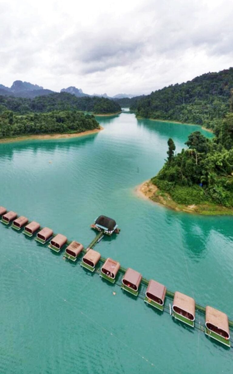 Drone photo of floating bungalows on Cheow Lan Lake in Khao Sok National Park in Thailand