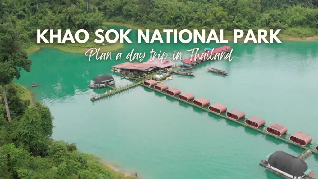 Drone photo of Cheow Lan Lake in Khao Sok National Park in Thailand with text overlay