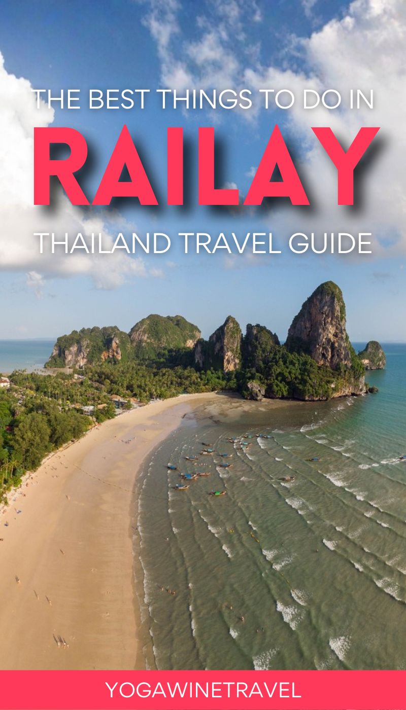Drone photo of Railay West Beach in Krabi Thailand with text overlay