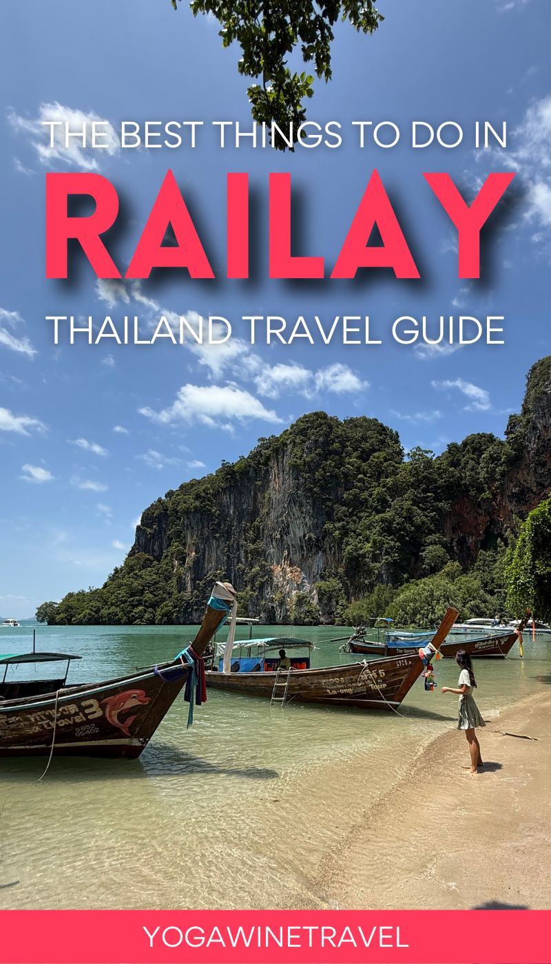 Longtail boats on Railay East beach in Krabi Thailand with text overlay